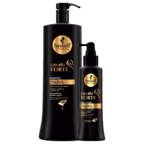 A imagem mostra um frasco grande de shampoo e um tônico capilar da linha Cavalo Forte da marca Haskell.