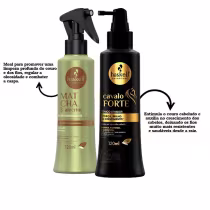 A imagem mostra fluido de tratamento da linha matcha e alecrim e um tônico capilar da linha Cavalo Forte da marca Haskell.