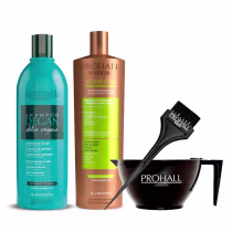 Kit com shampoo Degan, escova progressiva Burix One e cumbuca capilar preta, da marca Prohall Cosmetic.