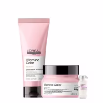 Trio Vitamino Color (L’Oréal Professionnel): condicionador profissional (tubo rosa, 200g), tratamento condicionante (pote rosa, 250g) e amostra de tratamento (tubo branco).