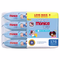 Pacotes de toalhas umedecidas da Turma da Mônica Baby, com 176 unidades, em embalagem com design colorido e ilustrações dos personagens, destacando o texto "Leve mais, pague menos".