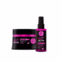 A imagem mostra um pote de máscara capilar e um frasco de sérum capilar, ambos da marca Haskel, linha Cavalo Forte Hidra.