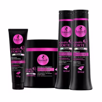 A imagem mostra um kit com leave-in, máscara, shampoo e condicionador. Todos da linha Cavalo Forte Hidra da marca Haskell.