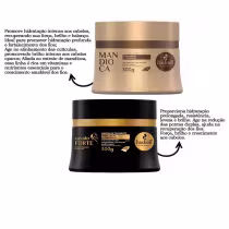 A imagem mostra um kit com duas máscaras capilares, sendo uma da linha Mandioca e outra da linha cavalo forte. Ao lado textos destacam benefícios.