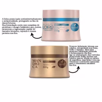 A imagem mostra um kit com duas máscaras capilares, sendo uma da linha Bendito Loiro e outra da linha Mandioca. Ao lado textos destacam benefícios.