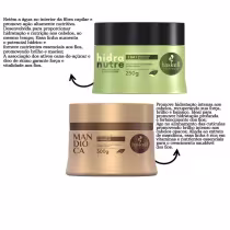 A imagem mostra um kit com duas máscaras capilares, sendo uma da linha Hidranutre e outra da linha Mandioca. Ao lado textos destacam benefícios.