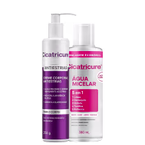 Cicatricure Antiestrias Creme Corporal 250g e Água Micelar 5 em 1 380mL, embalagens brancas com detalhes em roxo, apresentando informações sobre os benefícios e funcionalidades dos produtos.