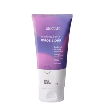 O produto apresentado é um esfoliante 2 em 1 para mãos e pés da marca Labotrat. A embalagem é um tubo plástico de cor lilás e branca, com o nome da marca e do produto claramente visíveis. Volume de 100g.