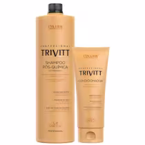 Shampoo e condicionador pós-química da linha profissional Trivitt da marca Italian Hairtech. O shampoo vem em uma embalagem de 1 litro. O condicionador é apresentado em um tubo de 200ml.