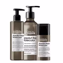 A imagem mostra um kit da L’Oréal Professionnel. Um frasco de sérum comprido, com pump preto, um frasco de shampoo arredondado e pump preto e um frasco de máscara mais comprido e arredondado, com tampa preta. Ambos embalagem marrom e rótulo branco.