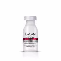 Frasco branco com tampa cinza da linha S.O.S Result Reconstrução da marca Lacan, contendo 20ml do produto. Rótulo com nome da linha, ingredientes e informações sobre o tratamento para cabelos quimicamente tratados.