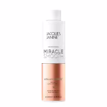 Frasco branco da linha Miracle Smooth da Jacques Janine Professionnel, com rótulo destacando o nome da marca e o produto "Volume Free" com óleo de coco, para tratamento anti-frizz.