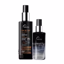 Kit com óleo capilar Illuminatte Oil e finalizador Day By Day, da marca TRUSS.