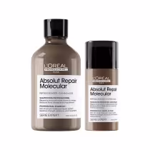 A imagem mostra um kit contendo um shampoo e um leave-in, ambos da linha Absolut Repair Molecular de L'Oréal Professionnel. Possuem o frasco com a cor marrom e tampa preta.
