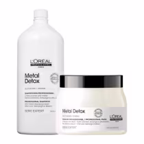 A imagem mostra um kit com dois produtos da marca L'Oréal Professionnel. Um frasco grande e branco de 1,5L de shampoo e um pote redondo de máscara branco com tampa preta.