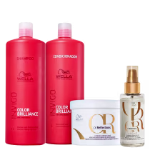 Kit com shampoo e condicionador Invigo Color Brilliance, além de máscara e óleo capilar Oil Reflections. Todos da marca Wella Professionals.