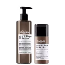 A imagem mostra um kit contendo um sérum capilar e um leave-in, todos da linha Absolut Repair Molecular de L'Oréal Professionnel. Possuem o frasco com a cor marrom e tampa preta.