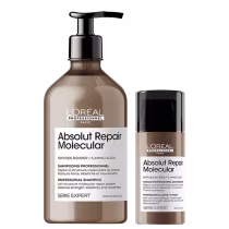 A imagem mostra um kit contendo um shampoo e um leave-in, todos da linha Absolut Repair Molecular de L'Oréal Professionnel. Possuem o frasco com a cor marrom e tampa preta.