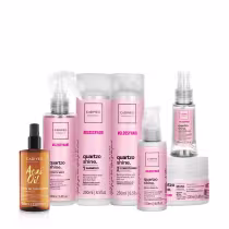 Produtos de tratamento capilar da marca Cadiveu Professional, incluindo shampoo, condicionador, máscara, spray e óleo, em embalagens com design rosa e branco, destacando os benefícios de brilho e hidratação dos cabelos.