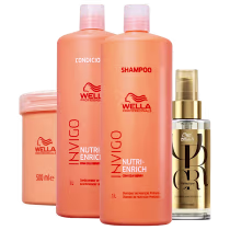 Produtos de cuidado capilar Wella Professionals. Dois frascos grandes de 1 litro cada, contendo shampoo e um condicionador. Um frasco menor de 500ml de máscara capilar da mesma linha. Um pequeno frasco dourado de óleo capilar.