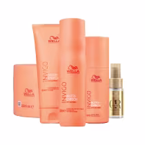 Kit com shampoo, condicionador, máscara e leave-in Invigo Nutri-Enrich, além de um óleo capilar Oil Reflections de Wella Professionals.