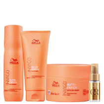 Kit com shampoo, máscara e condicionador Invigo Nutri-Enrich, além de um óleo capilar Oil Reflections de Wella Professionals.