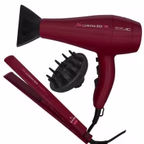 Imagem de um secador de cabelo e chapinha, de cor vermelho vinho. Conta com bico de difusor.