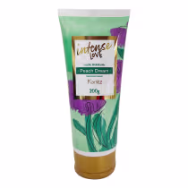 Loção hidratante Peach Dream da marca Kanitz, em embalagem de tubo plástico de 200g, com design colorido de flores em tons de verde, roxo e dourado.