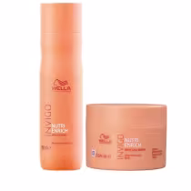 Produtos de tratamento capilar da linha Nutri-Enrich da Wella Professionals, incluindo um frasco de shampoo e um pote de máscara, ambos em embalagens laranja com detalhes em vermelho.