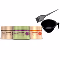 A imagem mostra um kit com 5 produtos de Haskell, sendo 3 máscaras da linha mandioca, Bananeira e Tutano, ao lado um pincel de tintura e uma cumbuca profissional.