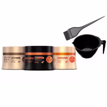 A imagem mostra um kit com 5 produtos de Haskell, sendo 3 máscaras da linha mandioca, Encorpa Cabelo e Tutano, ao lado um pincel de tintura e uma cumbuca profissional.