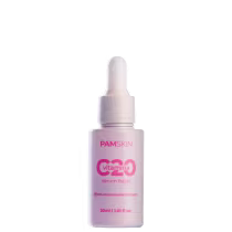 A imagem mostra um frasco branco com tampa de conta-gotas contendo um sérum facial da linha Vitamina C20 da marca Pam Skin & Beauty. As informações do produto estão impressas na embalagem em letras rosa. O tamanho da embalagem é de 30ml.