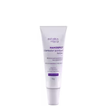 Tubo branco com rótulo roxo da linha Extratos da Terra, contendo o produto Nanospot, um clareador pontual facial que reduz marcas escuras e é mais resistente.