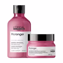 A imagem mostra dois produtos de cuidados capilares da linha Pro Longer da L'Oréal Professionnel. Um é um shampoo em uma embalagem plástica vermelha de 300ml. O outro é uma máscara em um pote plástico vermelho de 250g.