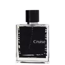 Perfume em frasco retangular transparente com rótulo preto. Embalagem com o nome "Cruise" impresso em letras brancas. Frasco com tampa preta fosca. Produto da marca Riiffs.