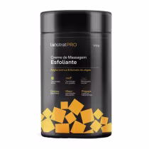 O produto apresentado é um creme de massagem esfoliante da marca Labotrat Pro. O rótulo menciona as principais características do produto, como a ação de drenagem, melhoria da circulação e preparação da pele para tratamentos.