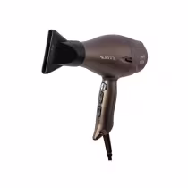 Secador de cabelos Taiff. Trata-se de um secador elétrico de cor marrom escuro, com design ergonômico e botões de controle. Possui uma saída de ar na parte frontal e um cabo de alimentação.