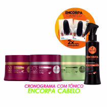 A imagem mostra um kit com 4 produtos de Haskell, sendo 3 máscaras das linhas: Liso com Força, Pós Progressiva, Hidrautre e um tônico da linha Encorpa Cabelo.
