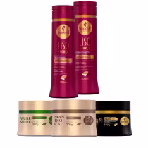 A imagem mostra um kit com shampoo e condicionador da linha Liso com Força. Máscara da linha Cavalo Forte. Mais duas máscaras, uma da linha Murumuru e outra da linha Mandioca.