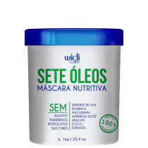 Embalagem plástica branca e azul da marca Widi Care contendo "Sete Óleos - Máscara Nutritiva" com ingredientes como semente de uva, moringa, macadâmia e outros óleos vegetais.