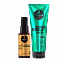 O primeiro item é um reparador de pontas com o nome "Cavalo Forte" em embalagem de frasco com tampa preta. O segundo item é uma máscara capilar com o nome "Acidificante Redutor de pH" em embalagem de tubo com tampa verde.