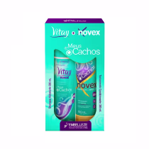 A imagem mostra caixa com kit do shampoo e condicionador Embelleze Novex Meus Cachos, de 300ml cada. O design da embalagem apresenta cores vibrantes como verde-água, roxo e laranja, com imagens estilizadas de cachos.