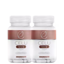 Dois frascos brancos de cápsulas da marca Celu Leve, com rótulos marrons e detalhes em branco. Cada frasco contém 30 cápsulas de 500mg, apresentadas como suplemento alimentar à base de cúrcuma.