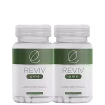 Dois frascos de cápsulas de suplemento alimentar Reviv ame, com 60 cápsulas de 500mg cada, em embalagem branca com detalhes verdes e logotipo da marca.