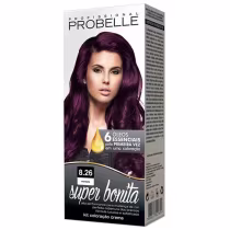 Coloração capilar Probelle. Embalagem em caixa retangular com fundo branco e detalhes em preto e amarelo. Imagem frontal de uma modelo com longos cabelos ondulados na cor roxo profundo.