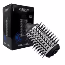 O produto apresentado é uma escova de cabelo da marca Taiff, com formato oval. A escova em si é preta com um design de cerdas distribuídas de forma uniforme, sugerindo ser uma escova profissional para penteados.