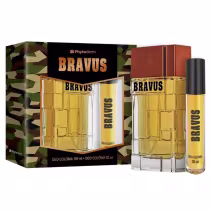 Conjunto com uma colônia de 100ml em um frasco retangular transparente e outra de 30ml em um frasco cilíndrico menor, ambos com líquido amarelo. A embalagem externa é uma caixa com estampa camuflada verde e marrom, exibindo o nome "Bravus".