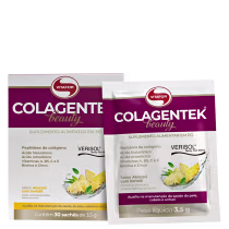 Caixas e sachês de suplemento alimentar Colagente Beauty da marca Vitafor, contendo peptídeos de colágeno, ácido hialurônico, vitaminas e minerais, com sabor de abacaxi com hortelã.