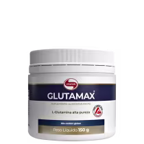 O produto é um suplemento alimentar em pó da marca Vitafor chamado Glutamax, contendo L-glutamina de alta pureza. A embalagem é um pote branco com rótulo azul e dourado, pesando 150 gramas.