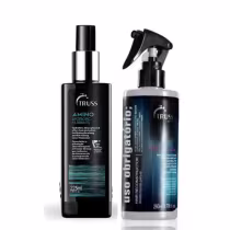 A imagem mostra um Kit com produtos da marca TRUSS sendo um Protetor Térmico Amino e o Tratamento Uso Obrigatório.